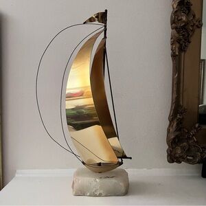 Signed Brass DeMott Sailboat Sculpture on Stone Base Vintage